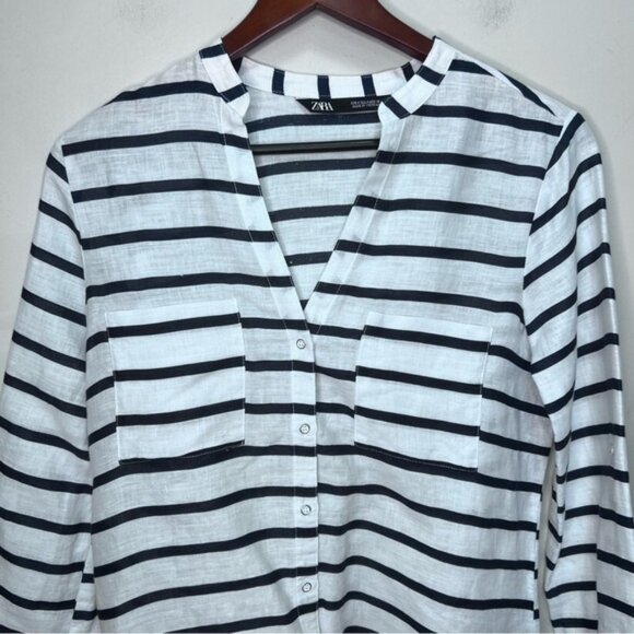 Zara Striped Blue  White Oversized Linen Shirt Size Small - Picture 2 of 8